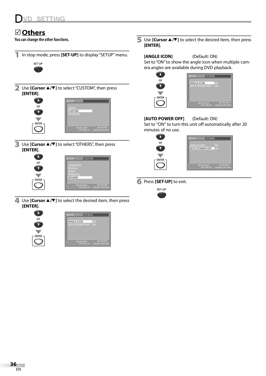 FUNAI V7PFDVD20 owner manual Others, You can change the other functions, Angle Icon Default on 