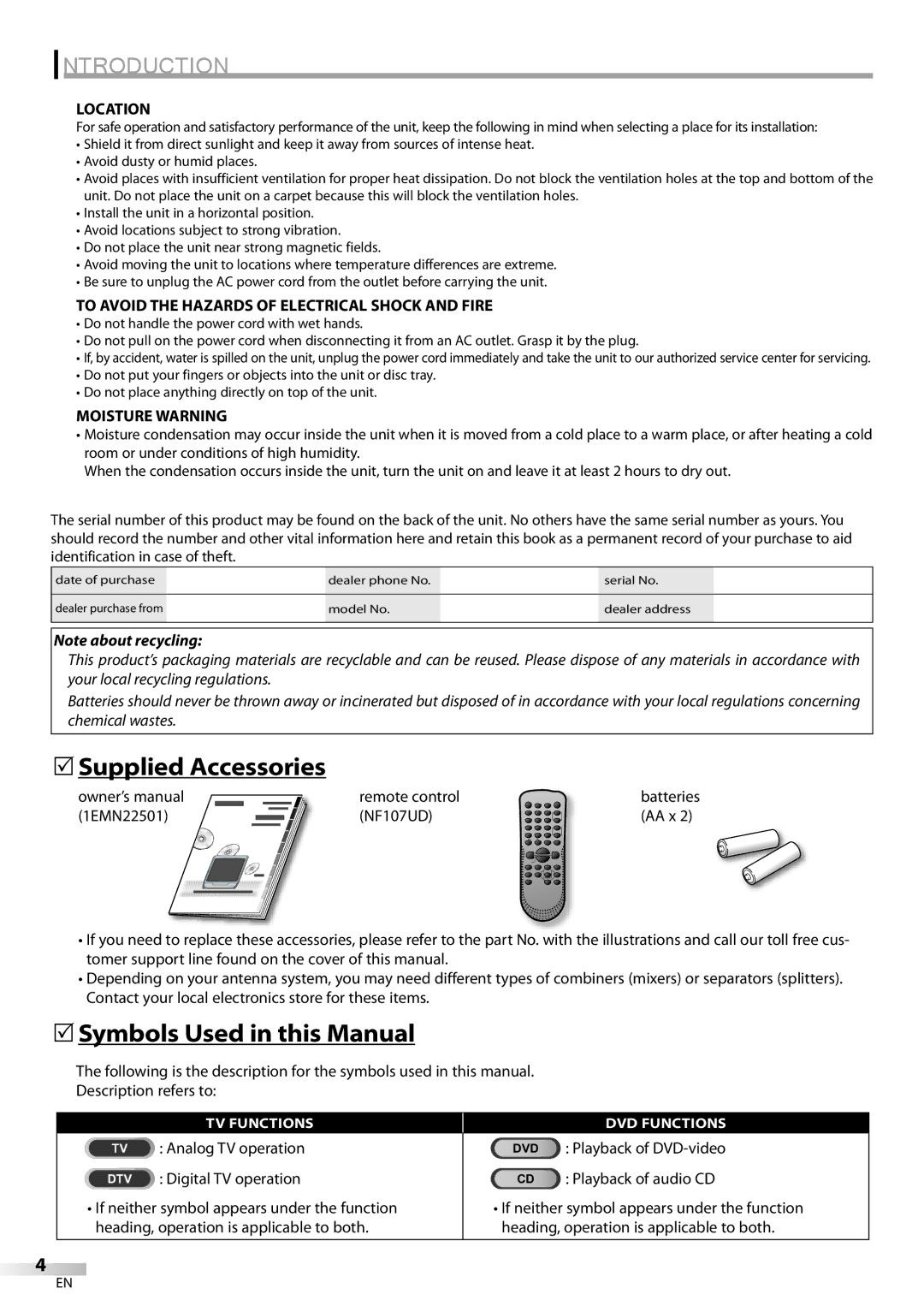 FUNAI V7PFDVD20 owner manual Supplied Accessories, Symbols Used in this Manual, Location, Moisture Warning 