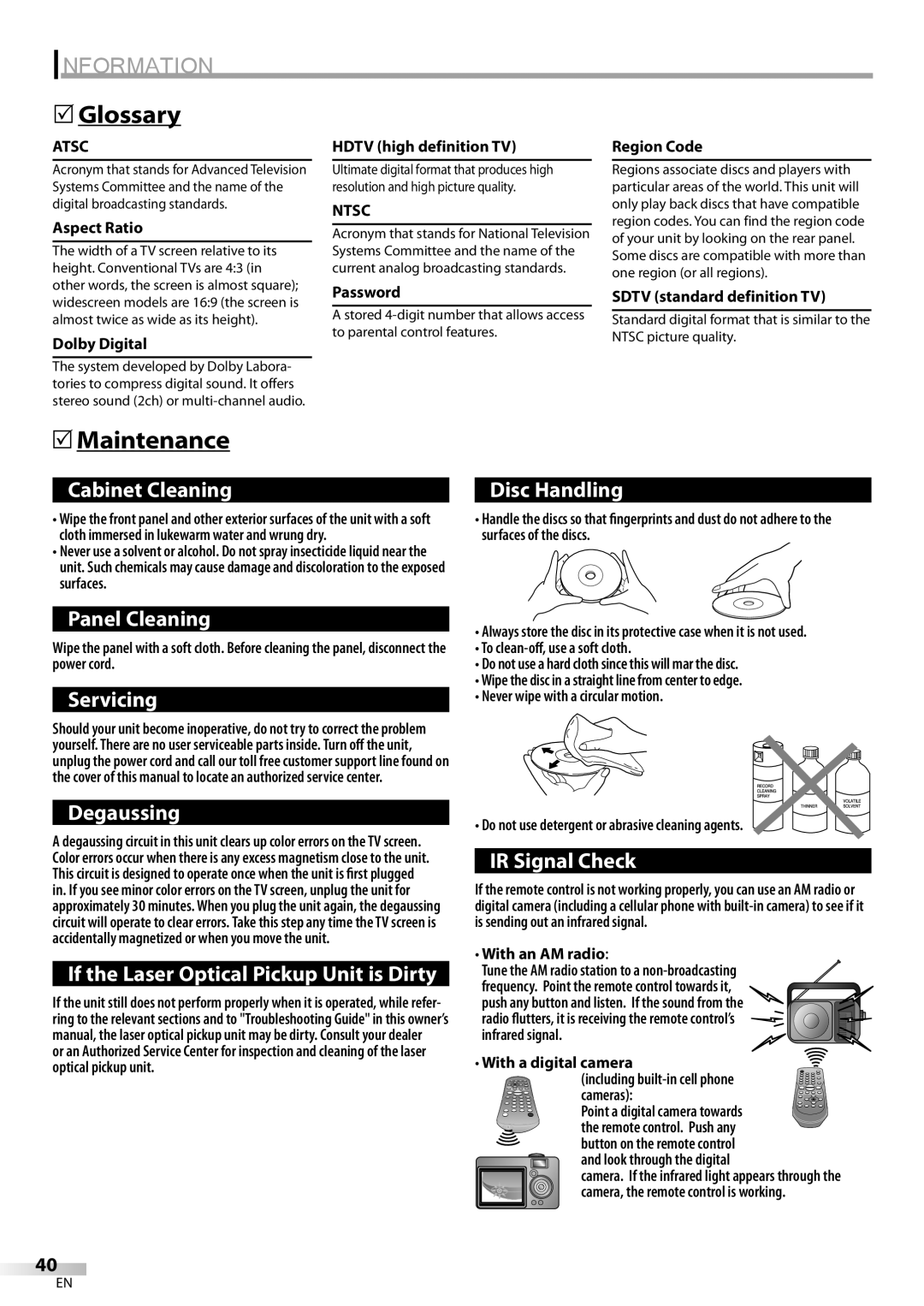 FUNAI V7PFDVD20 owner manual Information, Glossary, Maintenance, Atsc, Ntsc 