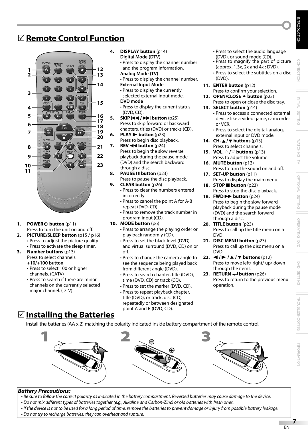 FUNAI V7PFDVD20 owner manual Remote Control Function, Installing the Batteries 