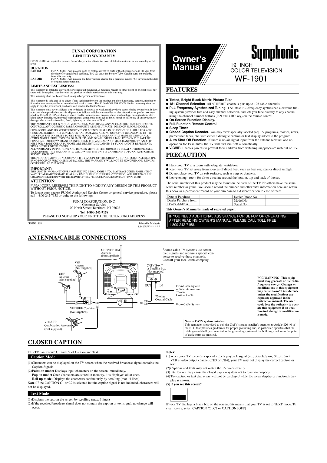 FUNAI WF-1901 owner manual Features, Precaution, ANTENNA/CABLE Connections, Closed Caption 