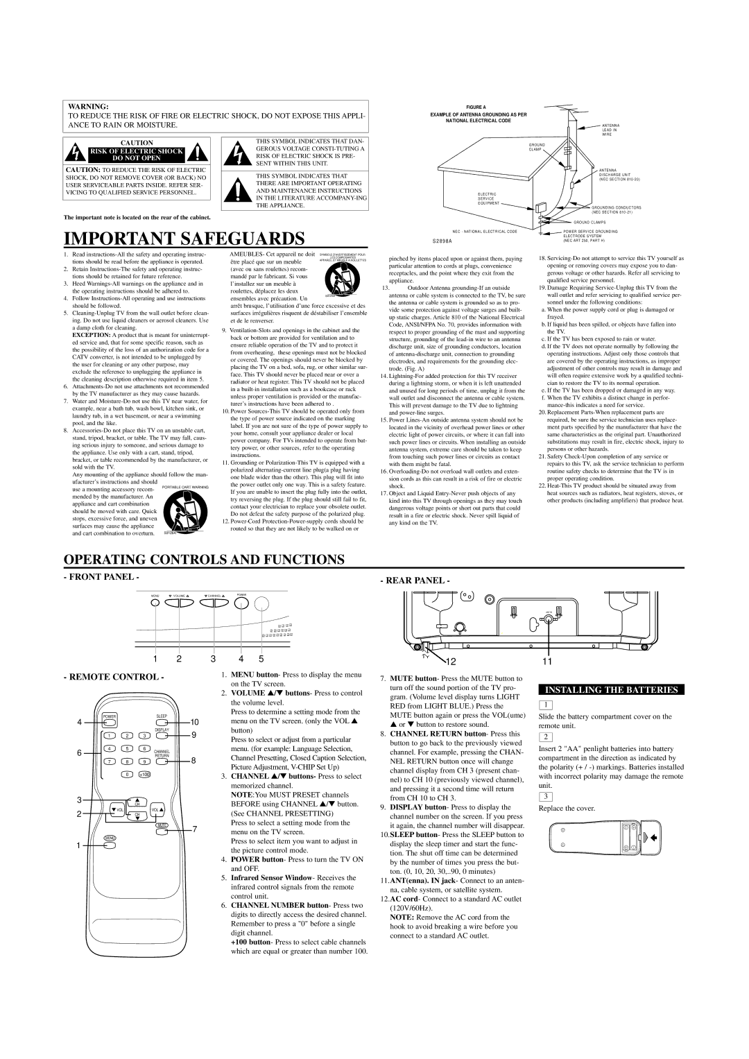 FUNAI WF-1901 owner manual Important Safeguards, Operating Controls and Functions, Installing the Batteries 