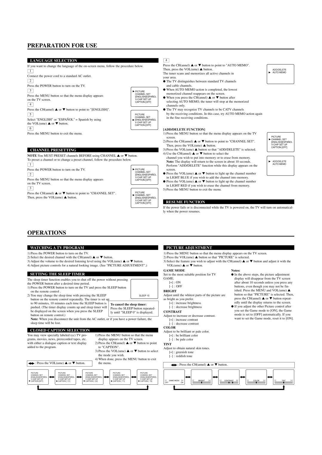 FUNAI WF-1901 owner manual Preparation for USE, Operations 