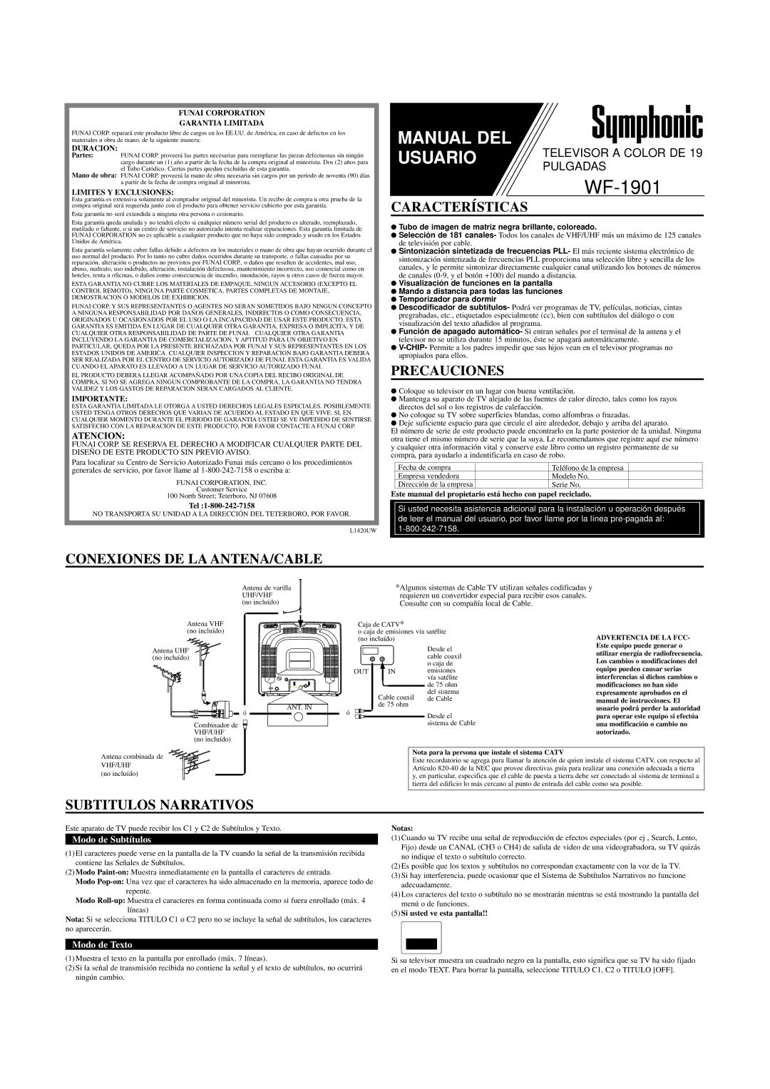 FUNAI WF-1901 owner manual Características, Precauciones, Conexiones DE LA ANTENA/CABLE, Subtitulos Narrativos, Atencion 