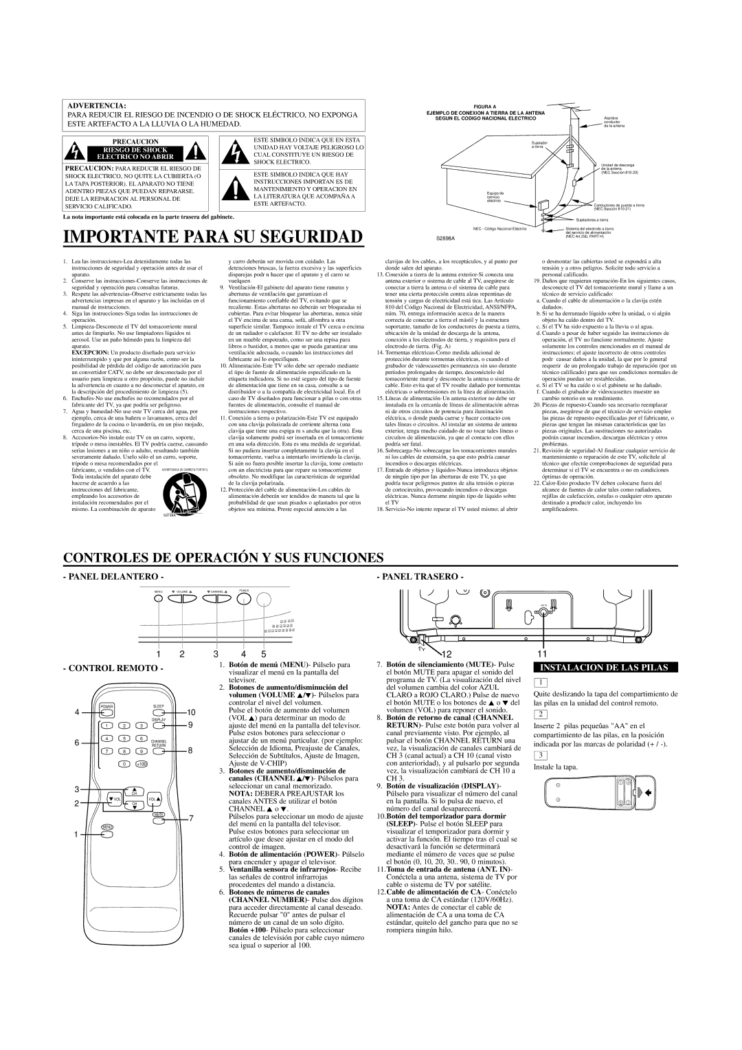 FUNAI WF-1901 owner manual Importante Para SU Seguridad, Panel Trasero, Instalacion DE LAS Pilas, Advertencia 