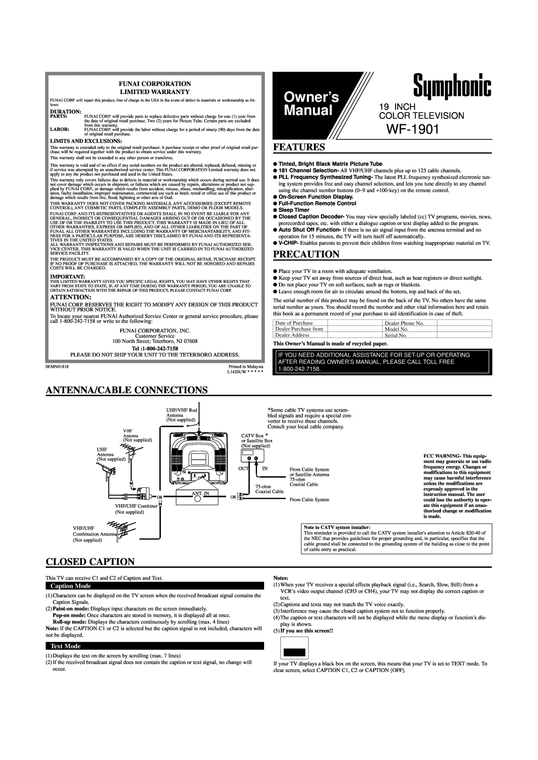 FUNAI WF-1901 owner manual Features, Precaution, Antenna/Cable Connections, Closed Caption, Caption Mode, Text Mode, Inch 