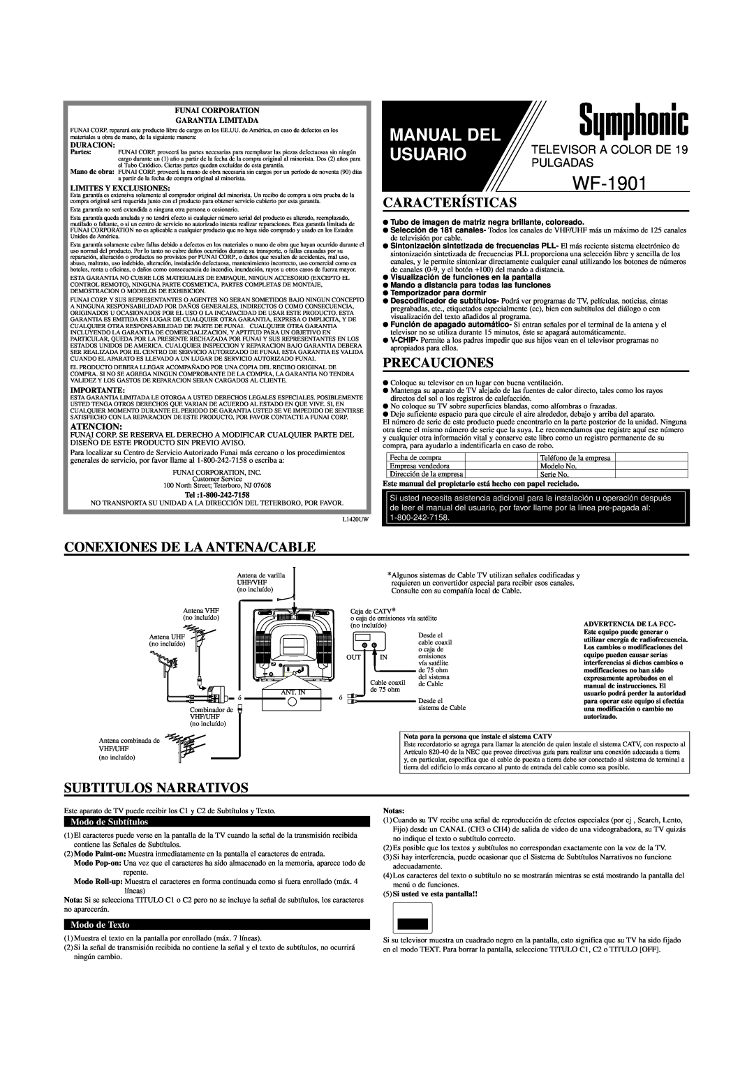 FUNAI WF-1901 Características, Precauciones, Conexiones De La Antena/Cable, Subtitulos Narrativos, Atencion, Modo de Texto 