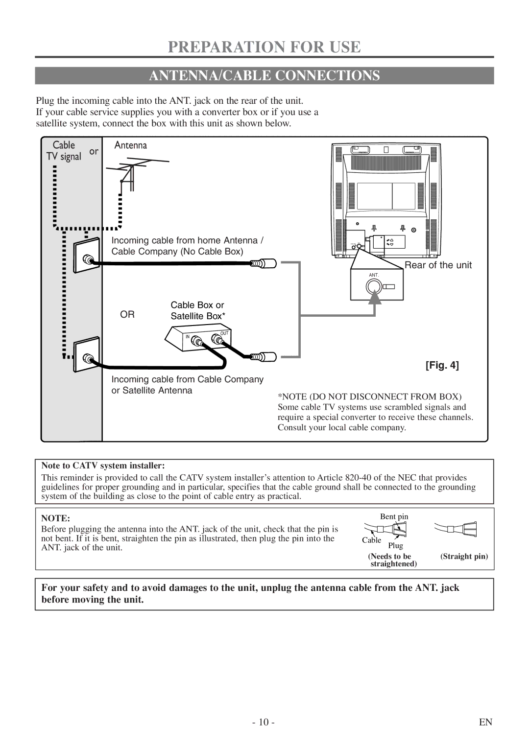 FUNAI WV13D5 owner manual Preparation for USE, ANTENNA/CABLE Connections 