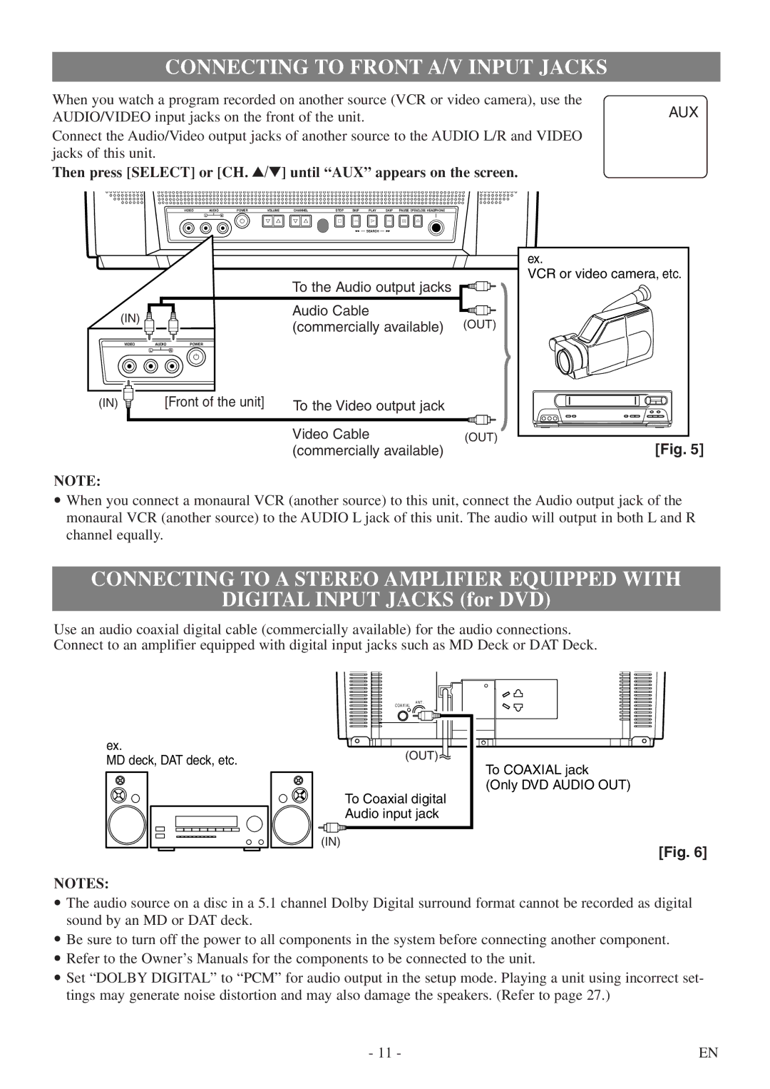 FUNAI WV13D5 owner manual Connecting to Front A/V Input Jacks, Connecting to a Stereo Amplifier Equipped with 