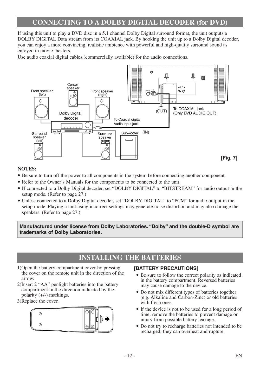 FUNAI WV13D5 owner manual Connecting to a Dolby Digital Decoder for DVD, Installing the Batteries 