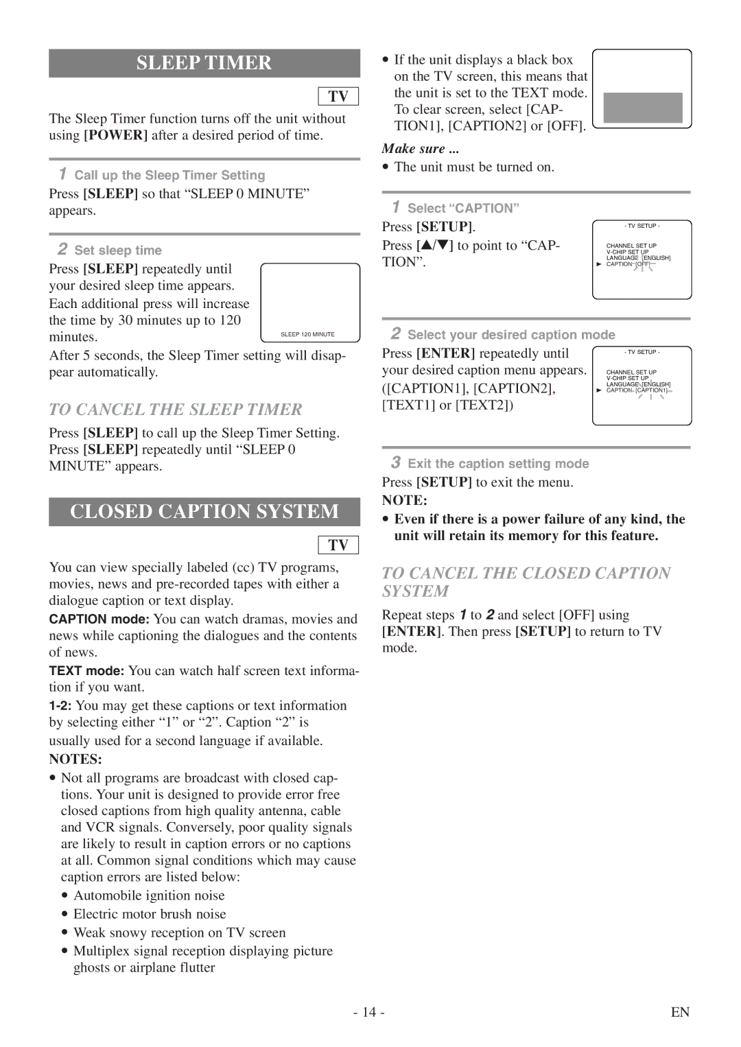 FUNAI WV13D5 owner manual To Cancel the Sleep Timer, To Cancel the Closed Caption System 