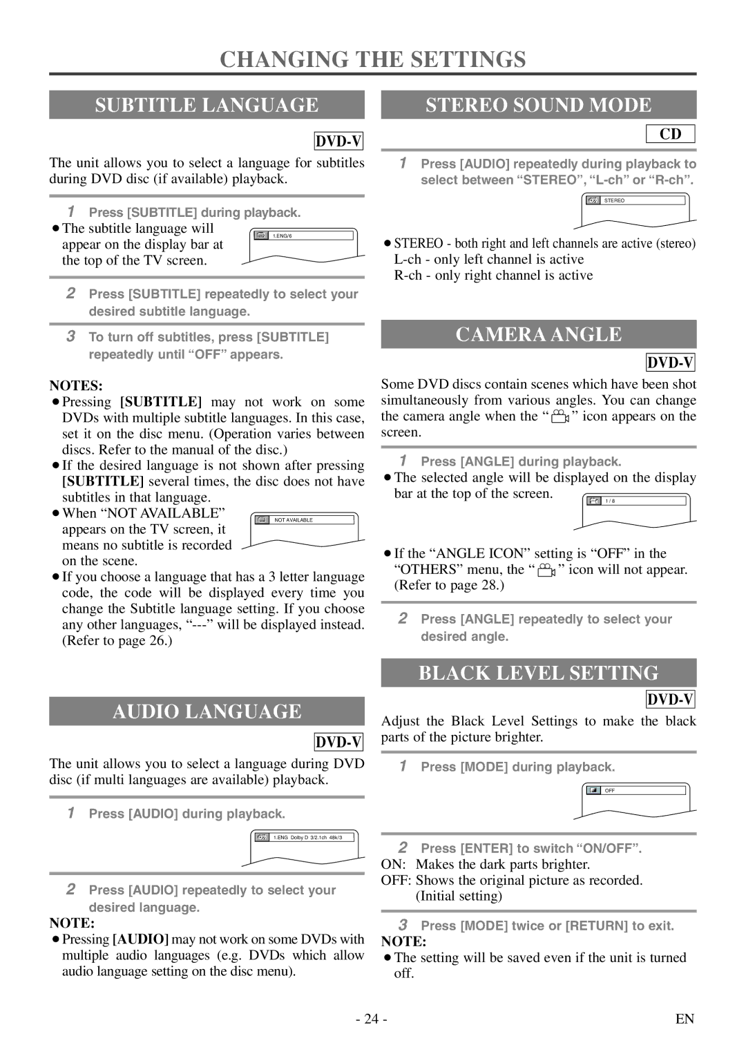 FUNAI WV13D5 Changing the Settings, Subtitle Language Stereo Sound Mode, Camera Angle, Audio Language, Black Level Setting 