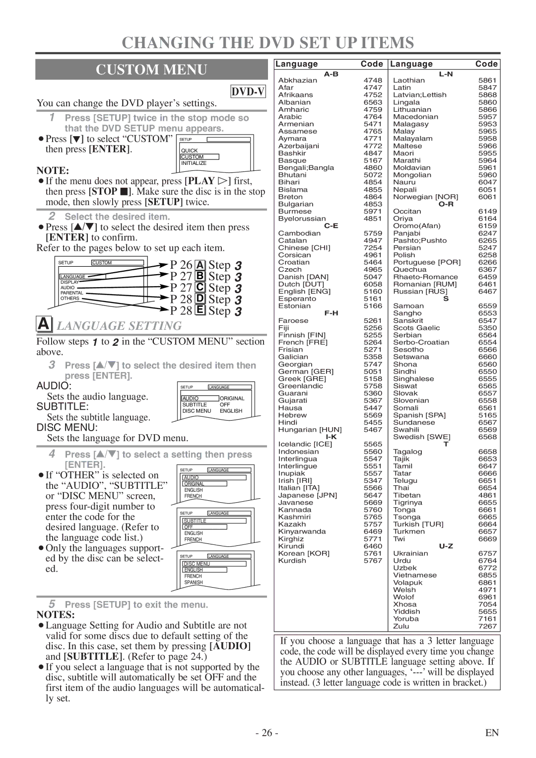 FUNAI WV13D5 owner manual Changing the DVD SET UP Items, Custom Menu, Language Setting 