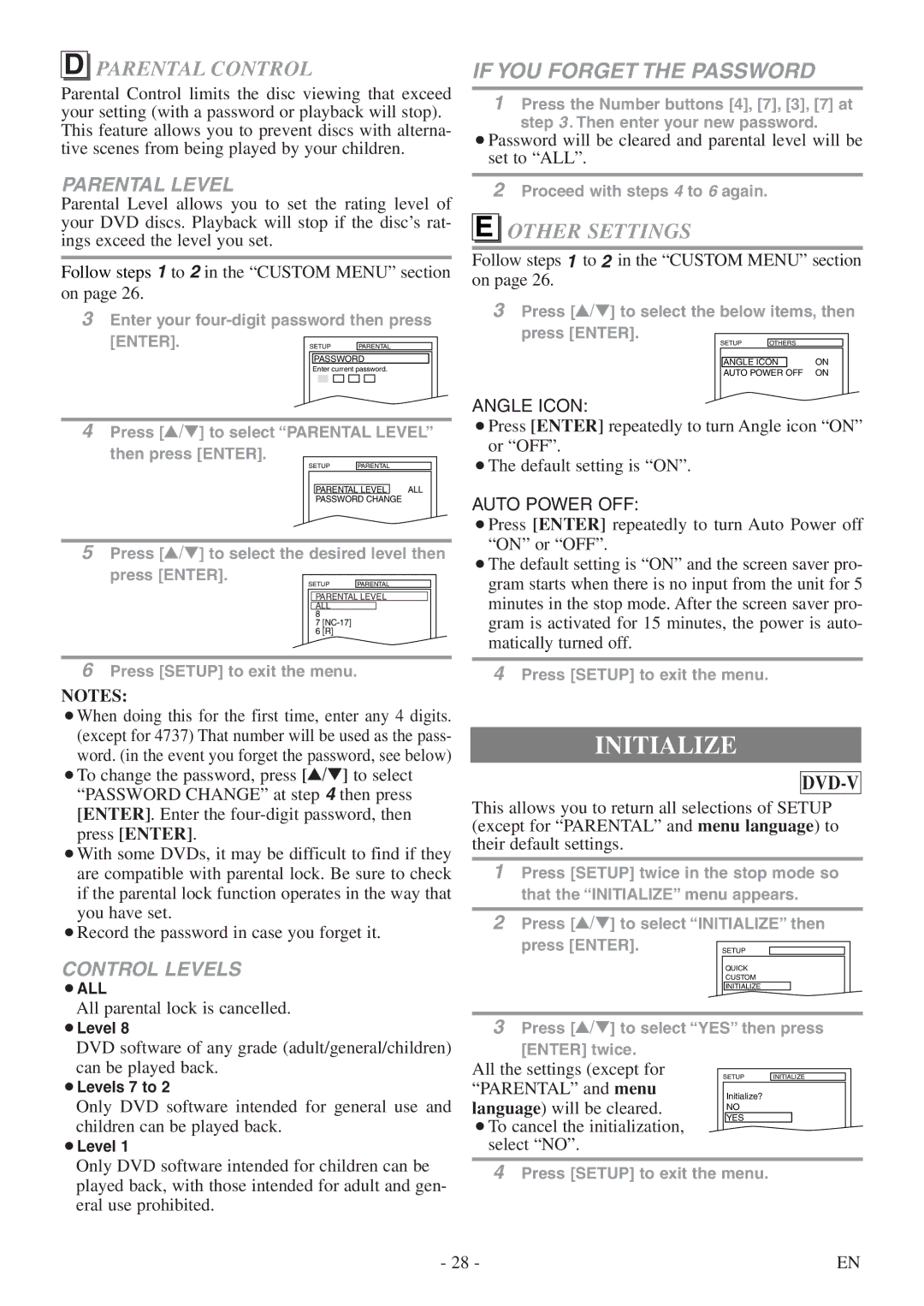 FUNAI WV13D5 owner manual Initialize, Parental Control, Other Settings 