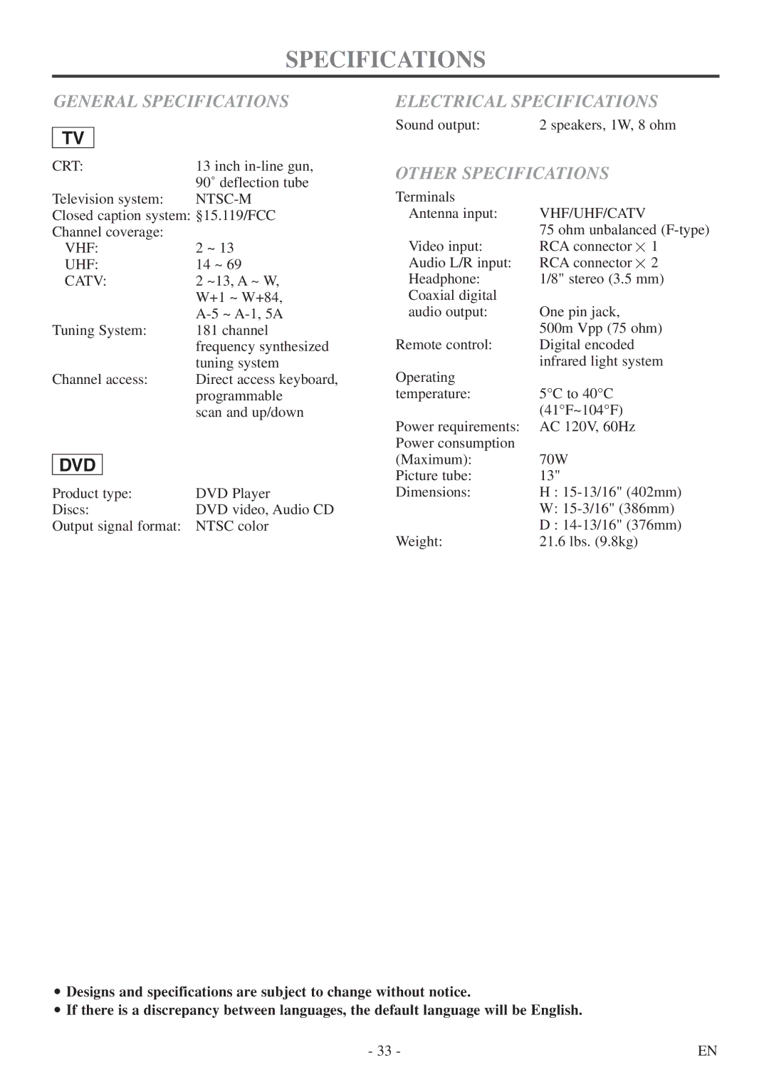 FUNAI WV13D5 owner manual General Specifications, Electrical Specifications, Other Specifications 