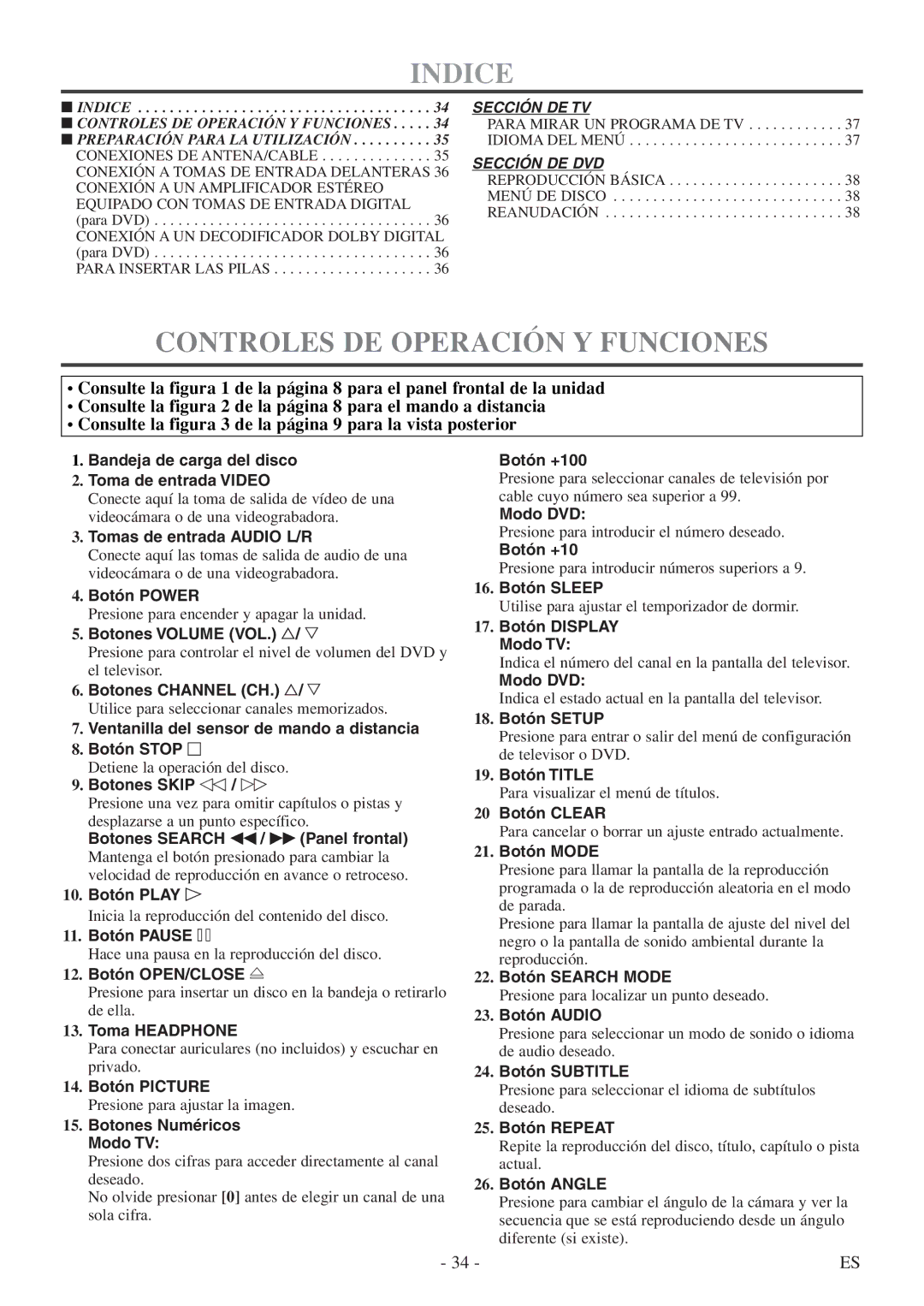 FUNAI WV13D5 owner manual Indice, Controles DE Operación Y Funciones 