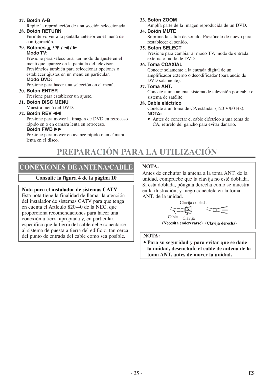 FUNAI WV13D5 owner manual Preparación Para LA Utilización, Nota 