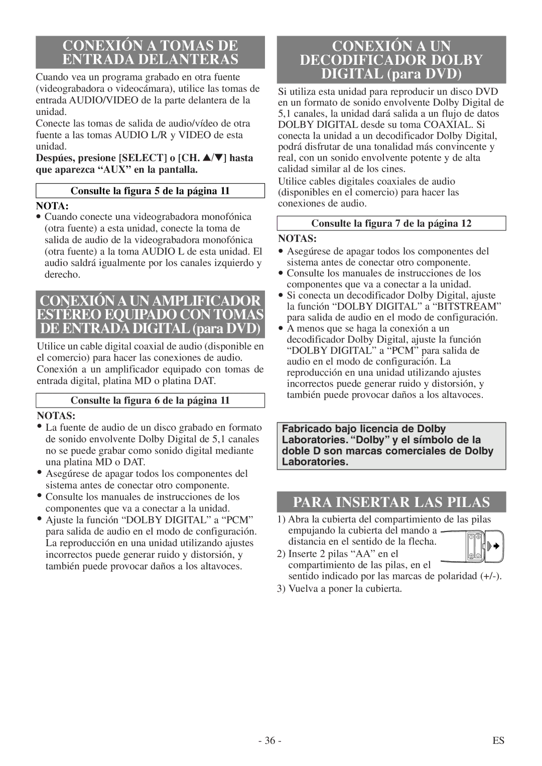 FUNAI WV13D5 owner manual Conexión a UN Decodificador Dolby, Para Insertar LAS Pilas, Notas 