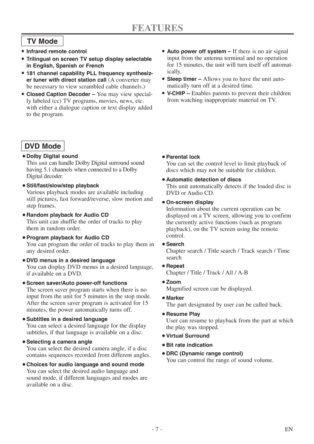 FUNAI WV13D5 owner manual Features, TV Mode 