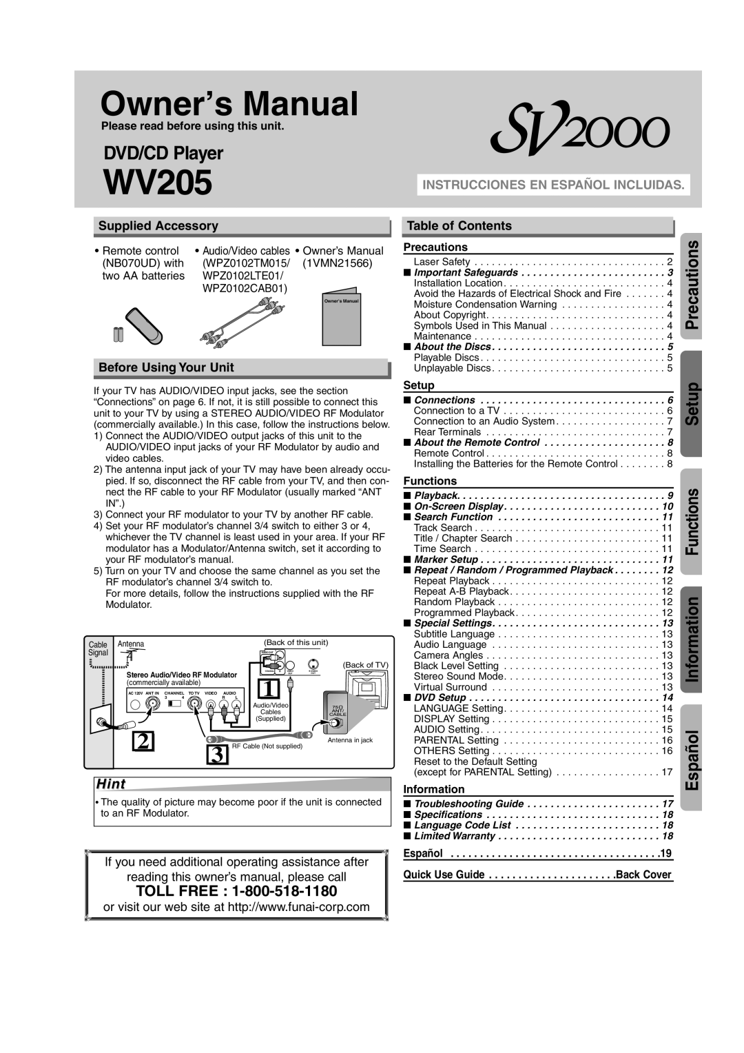 FUNAI WV205F owner manual Hint, Supplied Accessory, Before Using Your Unit, Table of Contents 