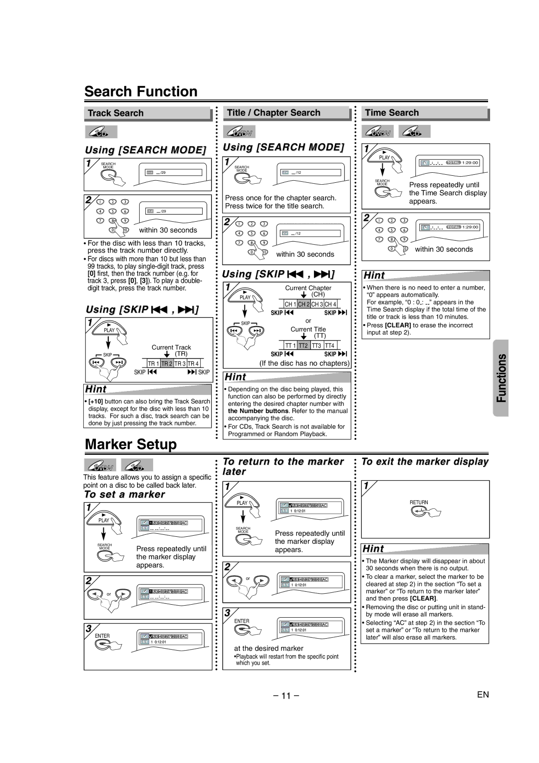 FUNAI WV205F owner manual Search Function, Marker Setup 