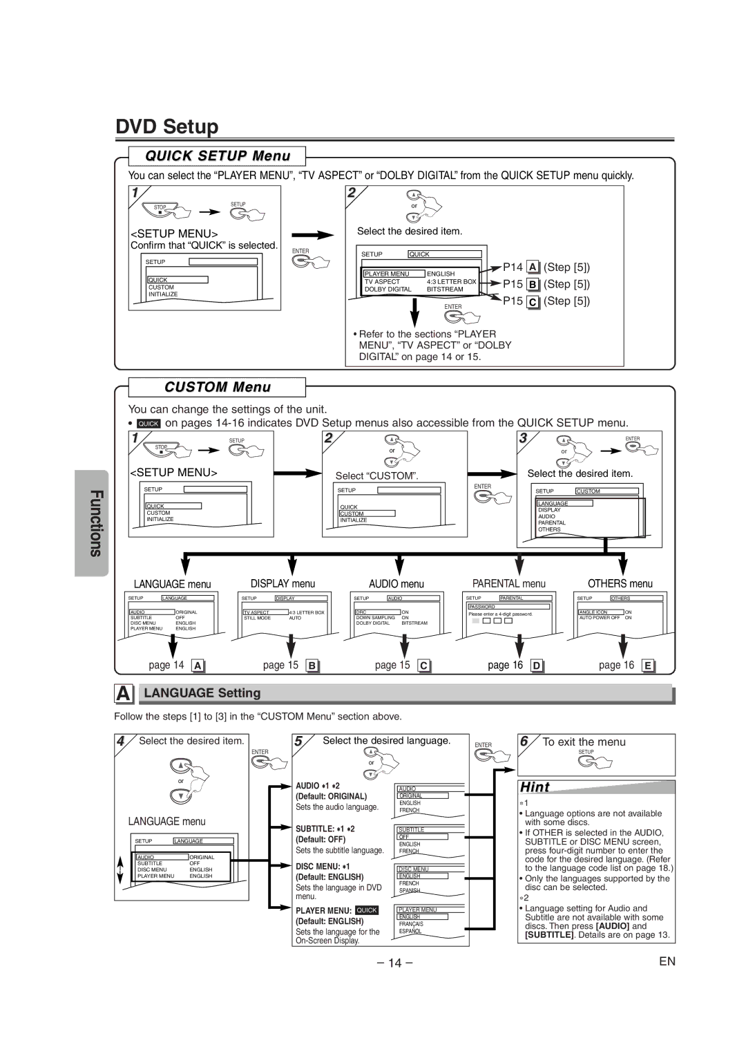 FUNAI WV205F owner manual DVD Setup, Quick Setup Menu, Custom Menu, Language Setting, 15 C 