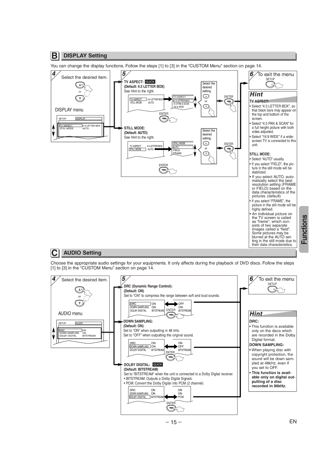 FUNAI WV205F owner manual Display Setting, Audio Setting 