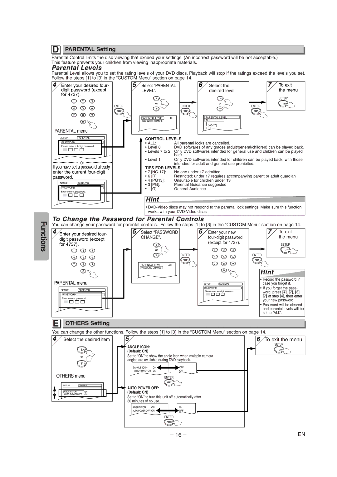 FUNAI WV205F owner manual Parental Levels, To Change the Password for Parental Controls, Parental Setting, Others Setting 