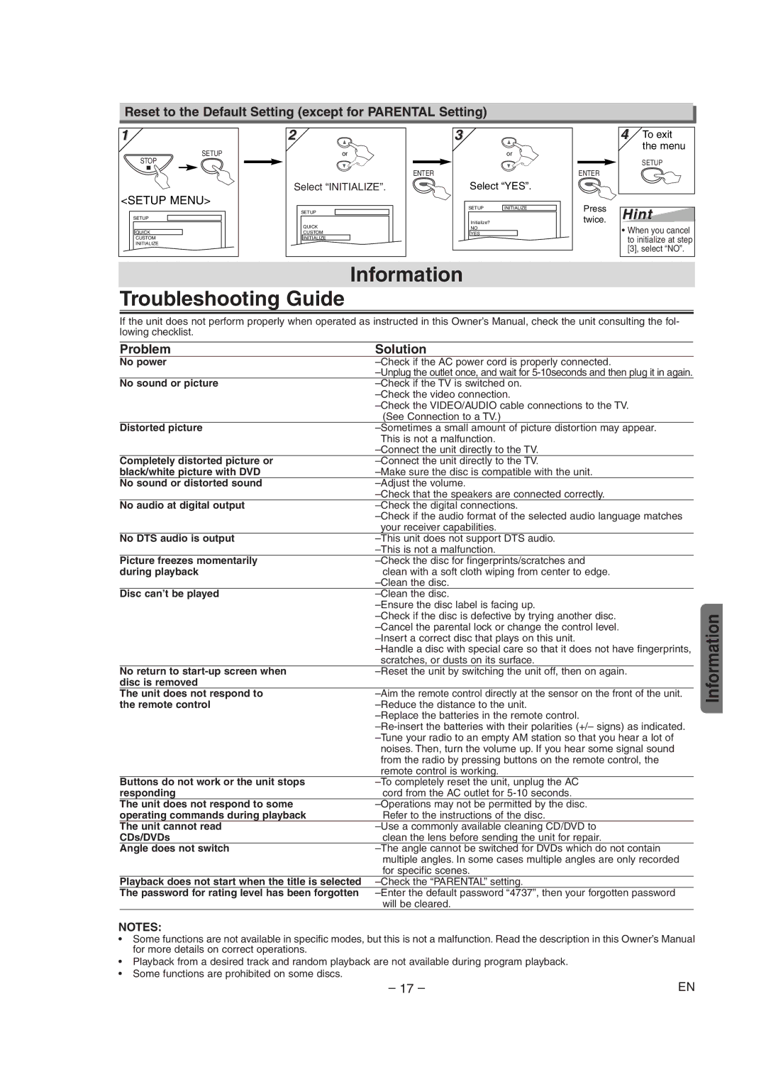 FUNAI WV205F Information Troubleshooting Guide, Reset to the Default Setting except for Parental Setting, Problem Solution 