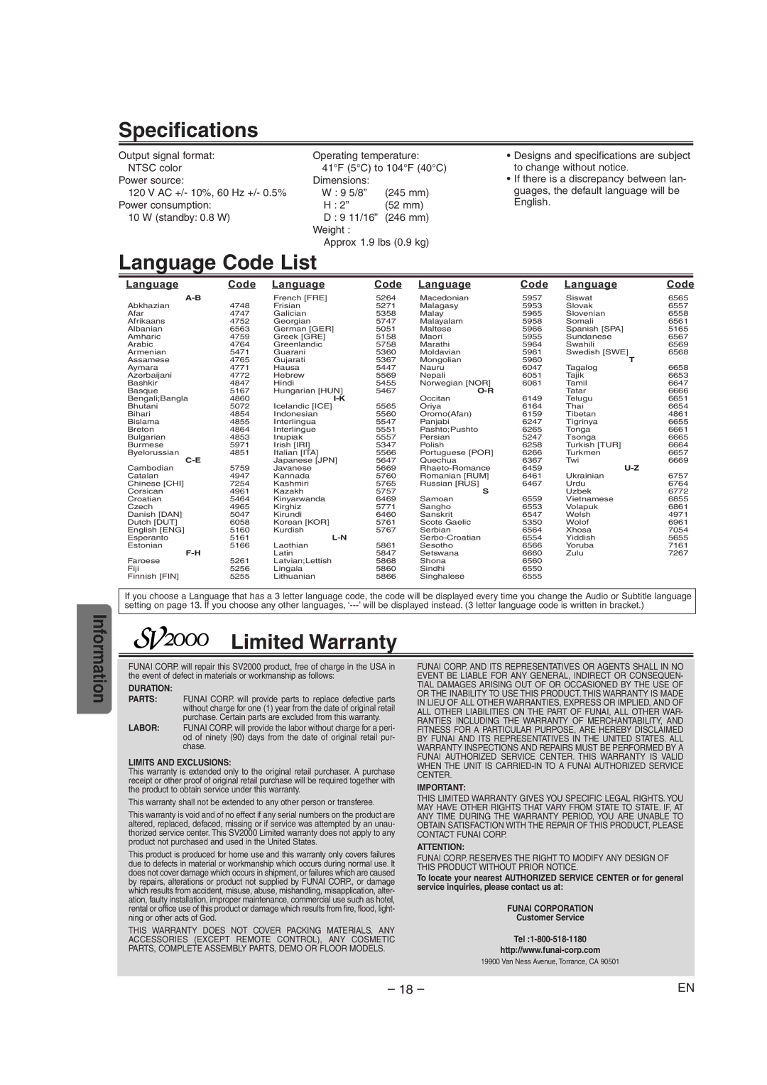 FUNAI WV205F owner manual Specifications, Language Code List, Limited Warranty 