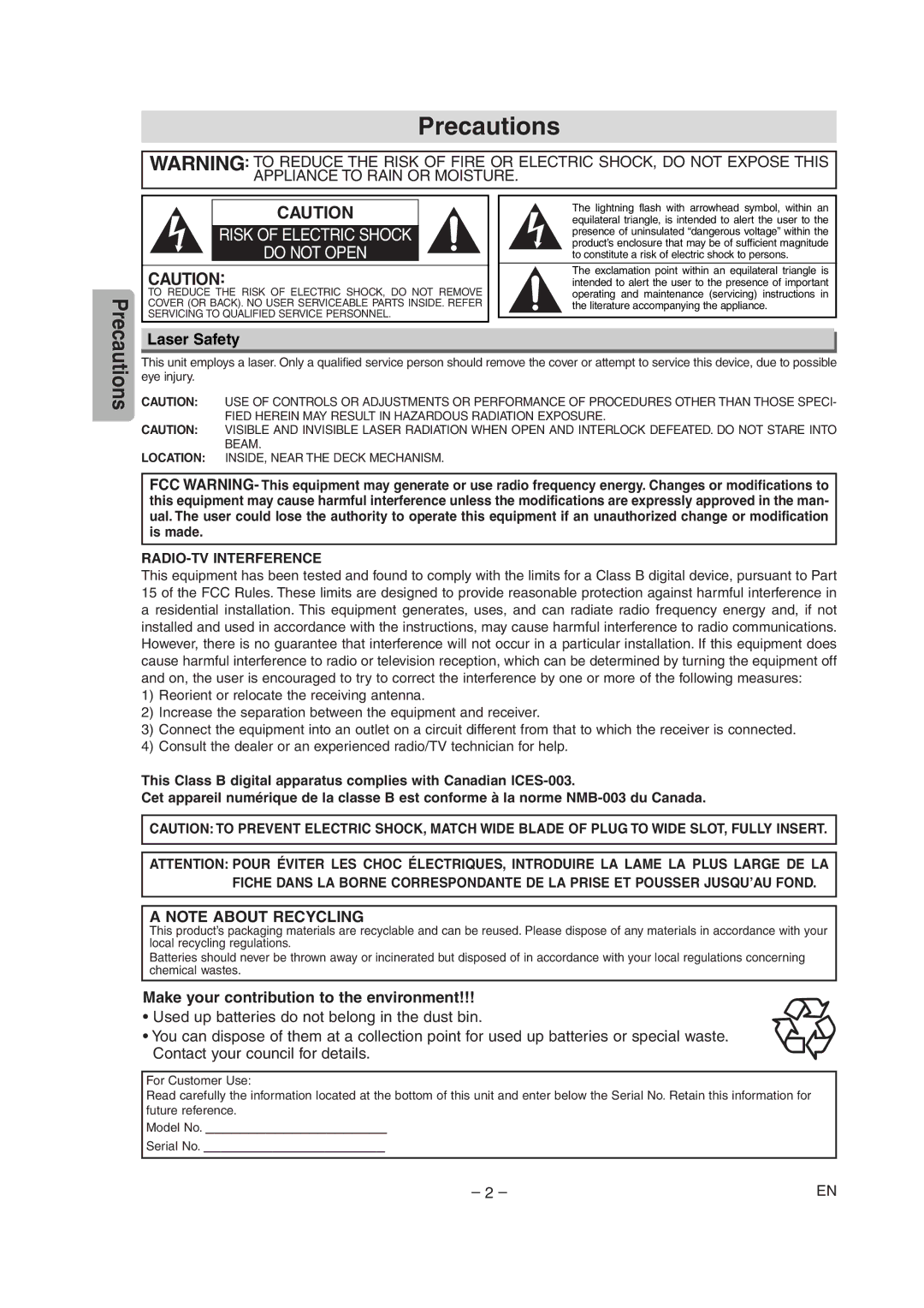 FUNAI WV205F owner manual Precautions, Laser Safety, Make your contribution to the environment 