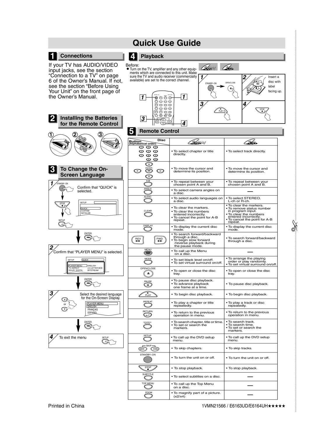 FUNAI WV205F owner manual Quick Use Guide, Connections Playback, Installing the Batteries, For the Remote Control 