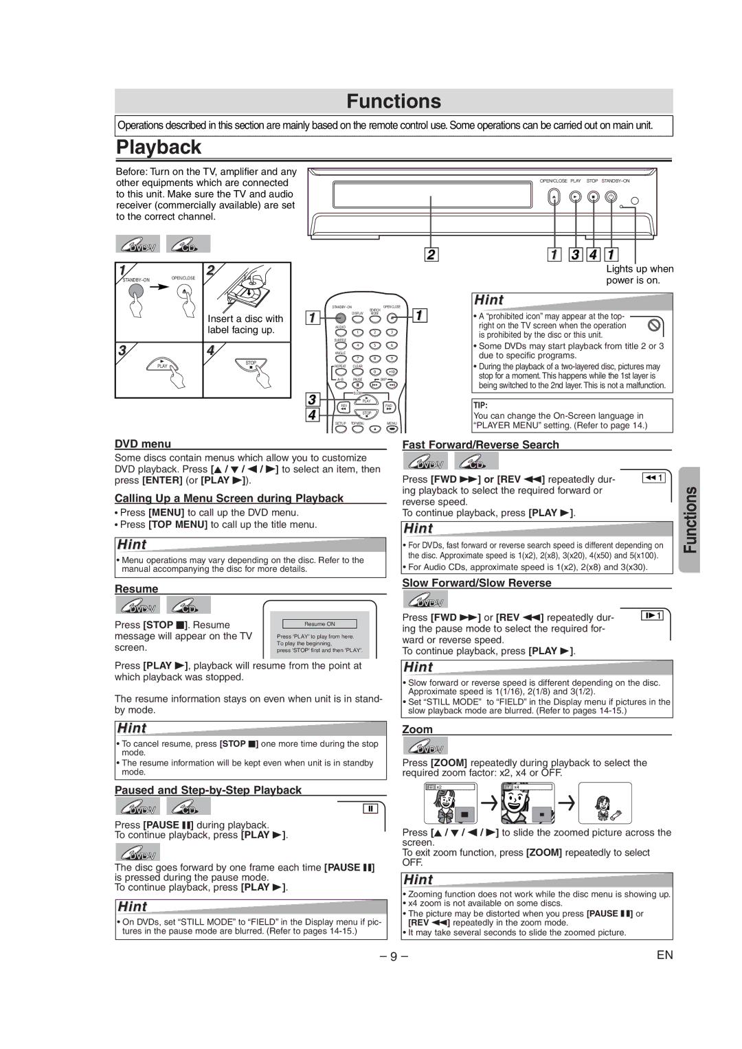 FUNAI WV205F owner manual Functions, Playback, Press Stop C. Resume, Message will appear on the TV, Screen 