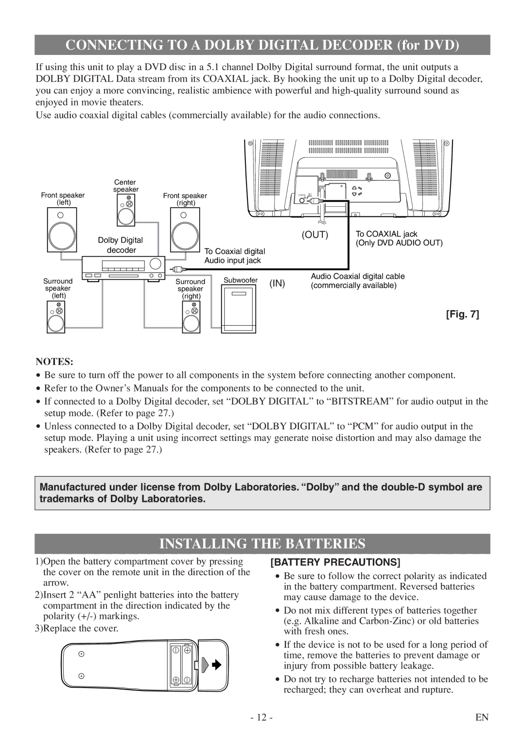 FUNAI WV20D5 owner manual Connecting to a Dolby Digital Decoder for DVD, Installing the Batteries 