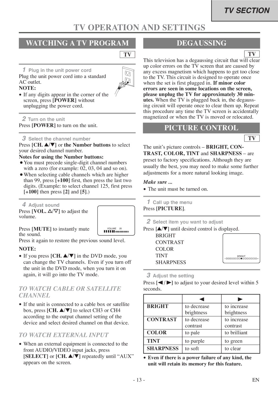 FUNAI WV20D5 owner manual TV Operation and Settings, Watching a TV Program, Degaussing, Picture Control 