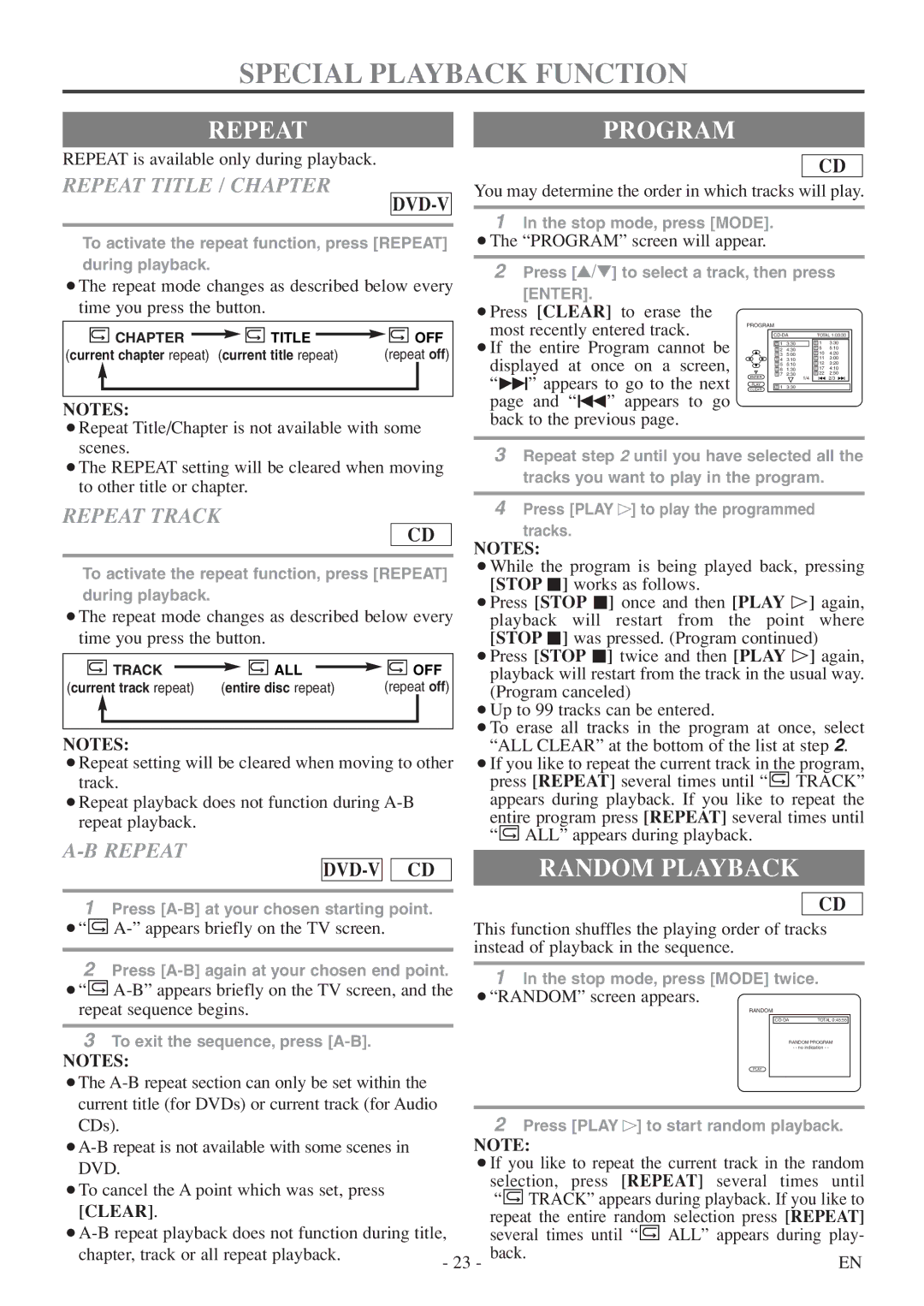 FUNAI WV20D5 owner manual Special Playback Function, Repeatprogram, Random Playback 