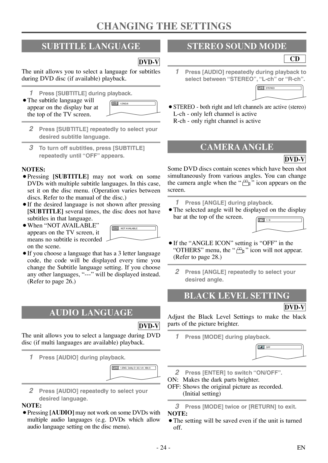 FUNAI WV20D5 Changing the Settings, Subtitle Language Stereo Sound Mode, Camera Angle, Audio Language, Black Level Setting 