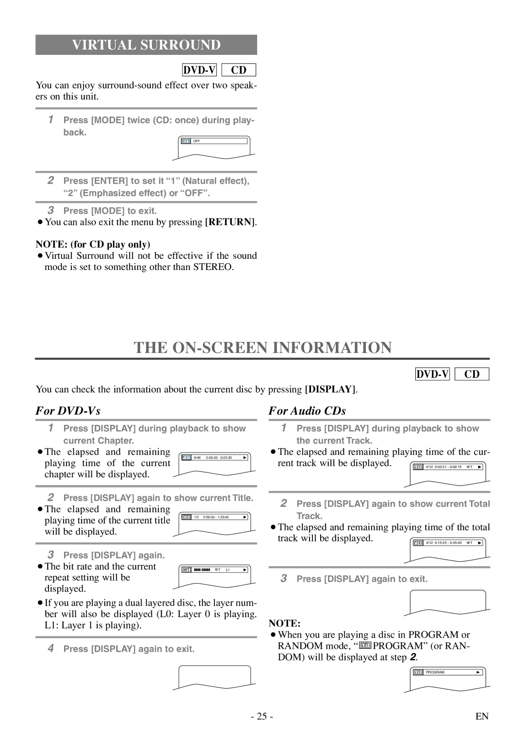 FUNAI WV20D5 owner manual ON-SCREEN Information, Virtual Surround 