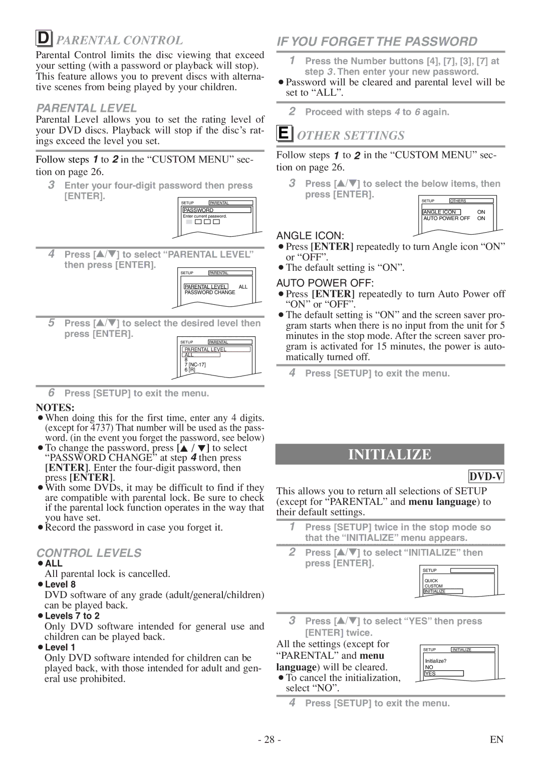 FUNAI WV20D5 owner manual Initialize, Parental Control, Other Settings 