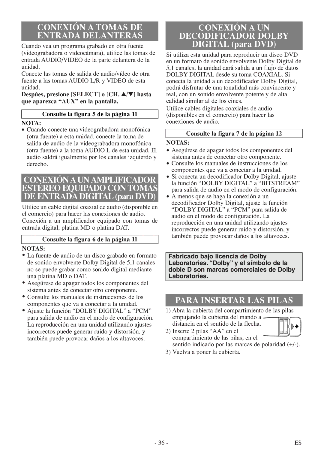 FUNAI WV20D5 owner manual Conexión a UN Decodificador Dolby, Para Insertar LAS Pilas, Notas 