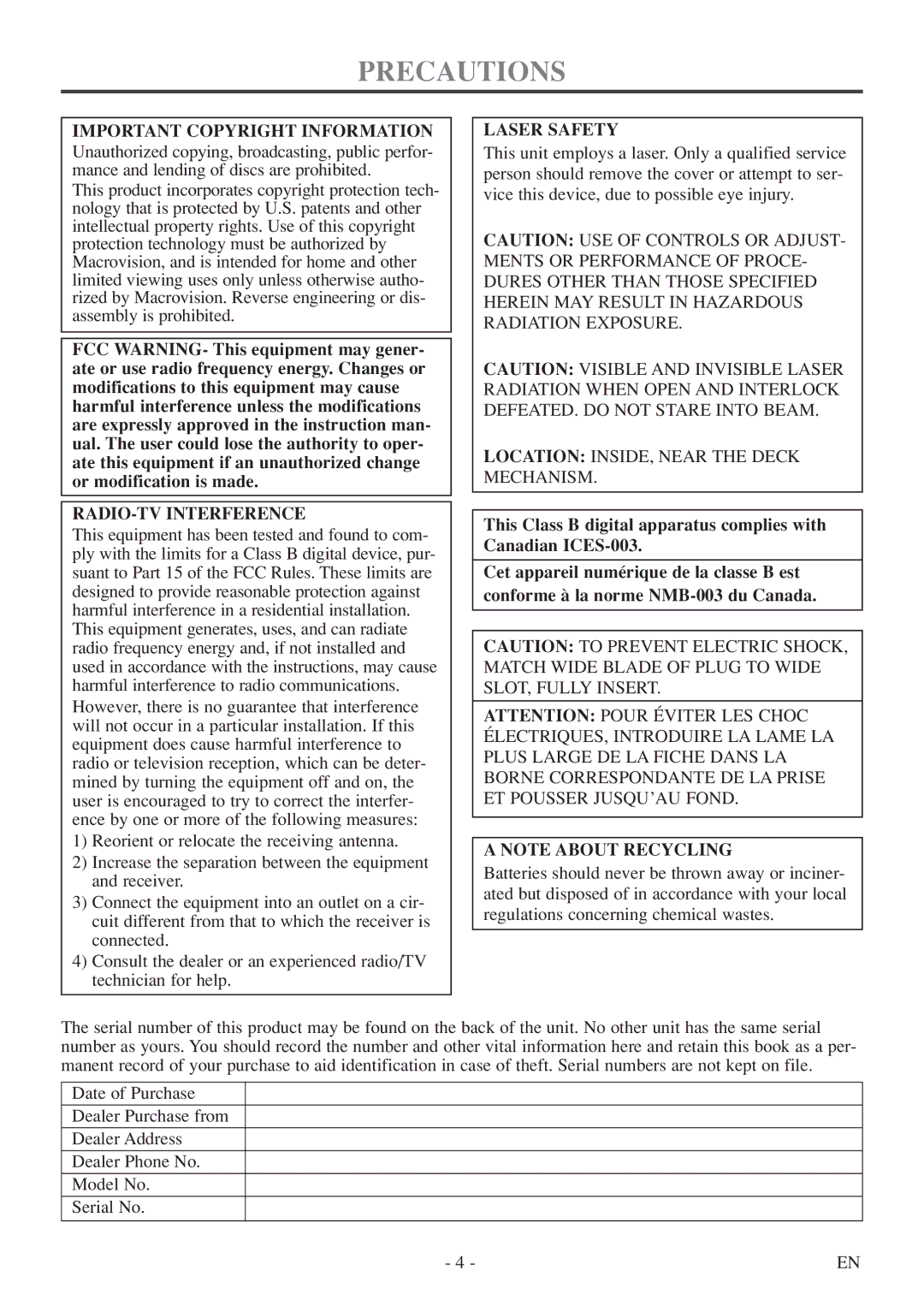 FUNAI WV20D5 owner manual Precautions, Important Copyright Information, RADIO-TV Interference, Laser Safety 