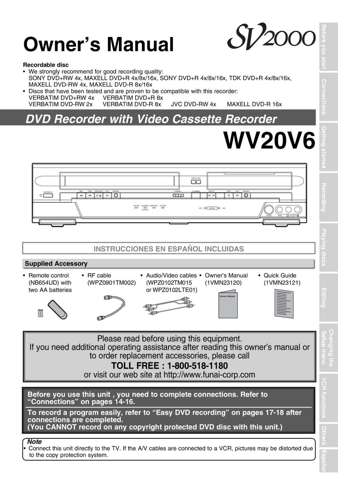 FUNAI WV20V6 owner manual Before you start Connections Getting started, Playing, Discs, Editing 