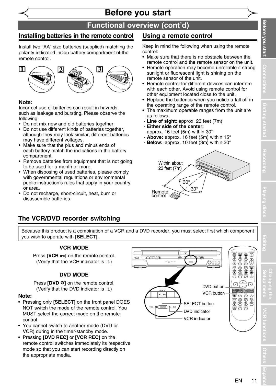 FUNAI WV20V6 owner manual Installing batteries in the remote control, Using a remote control, VCR/DVD recorder switching 