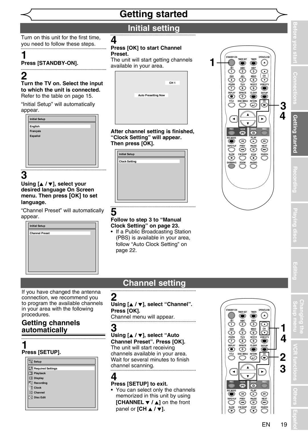 FUNAI WV20V6 owner manual Initial setting 