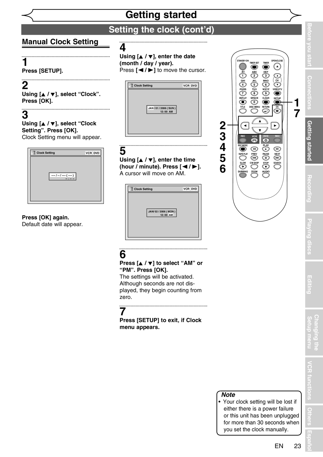 FUNAI WV20V6 owner manual Setting the clock cont’d, Manual Clock Setting, Español 