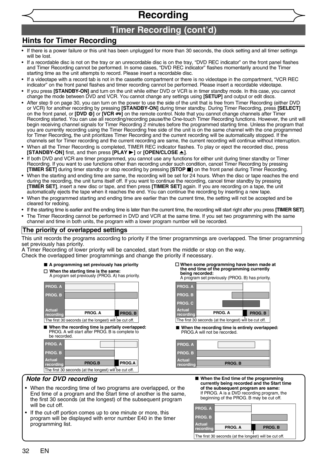 FUNAI WV20V6 owner manual Hints for Timer Recording, Priority of overlapped settings, 32 EN 