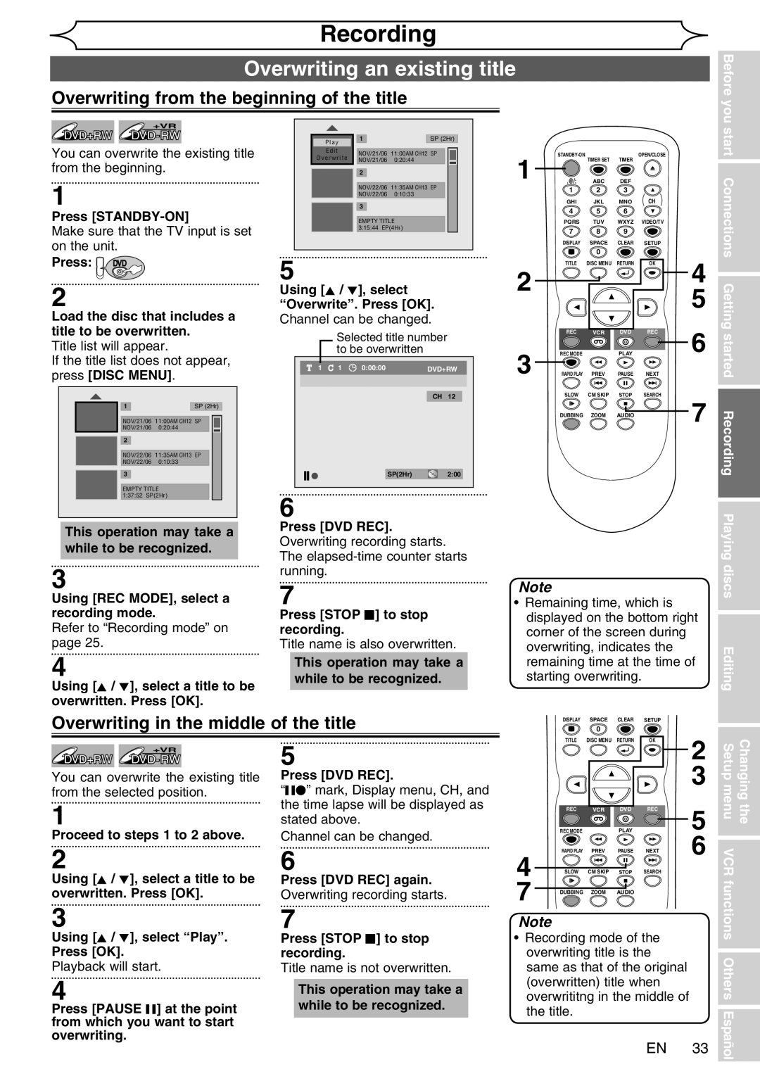 FUNAI WV20V6 owner manual Overwriting an existing title, Overwriting from the beginning of the title, You 