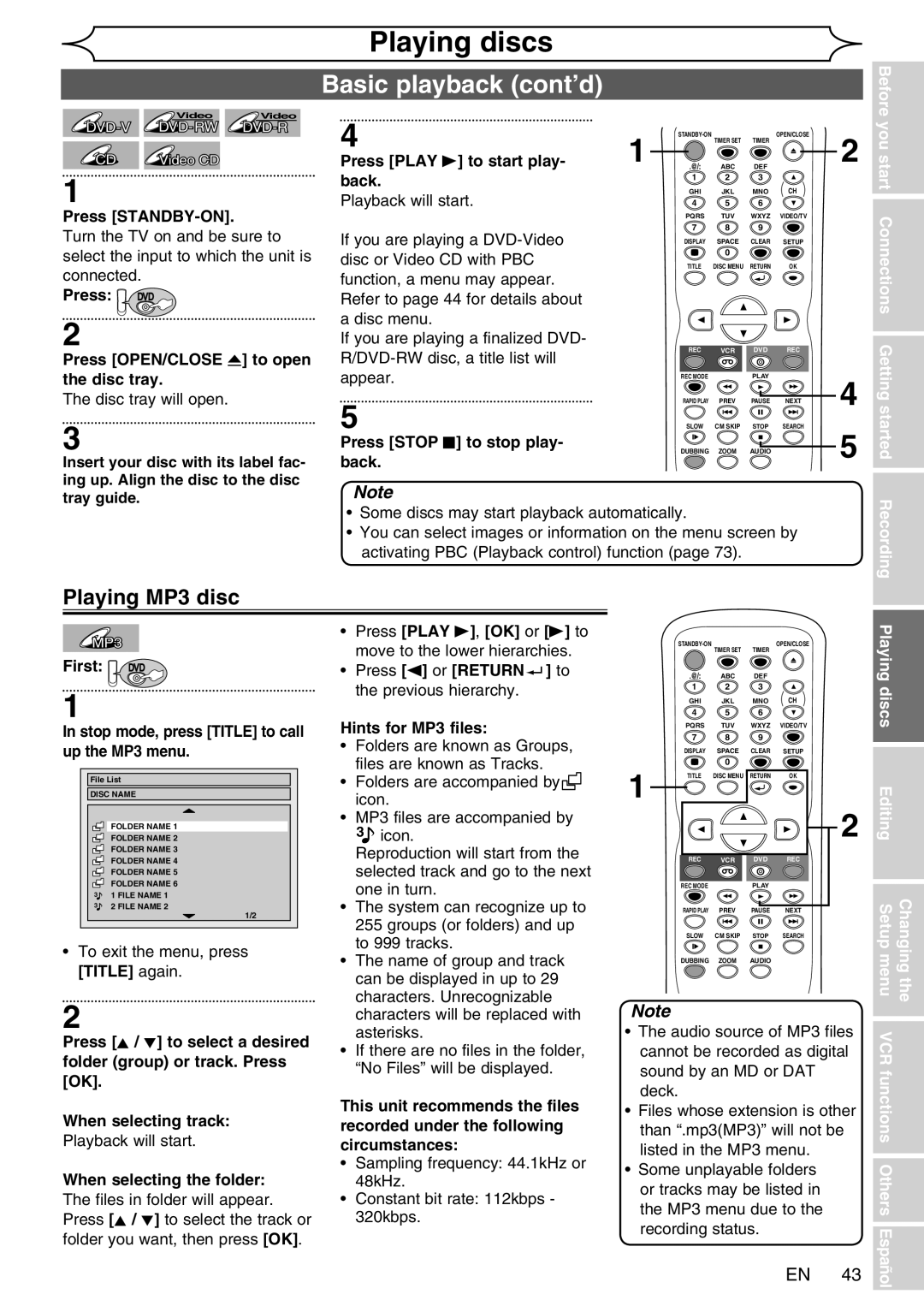 FUNAI WV20V6 owner manual Basic playback cont’d, Playing MP3 disc 