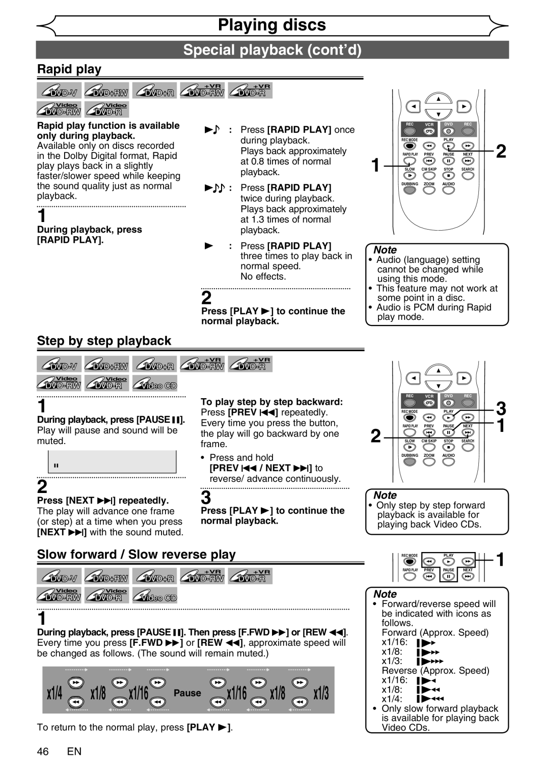 FUNAI WV20V6 Special playback cont’d, Rapid play, Step by step playback, Slow forward / Slow reverse play, 46 EN 