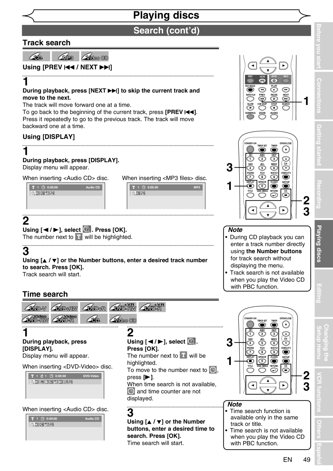 FUNAI WV20V6 owner manual Search cont’d, Track search, Time search, When inserting Audio CD disc 